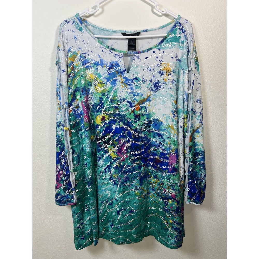 Ali Miles 3X Abstract Print Tunic Top 3/4 Mesh Peekaboo Sleeves Wearable Artsy